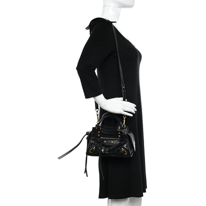 Balenciaga Shiny Supple Calfskin Crocodile Embossed Neo Classic Gold Hardware Mini City Black 2 of 10