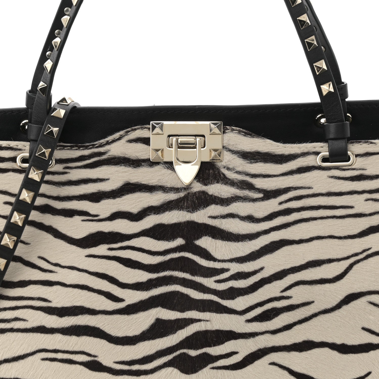 Valentino Garavani Pony Hair Zebra Rockstud Tote Black Ivory 15 of 25