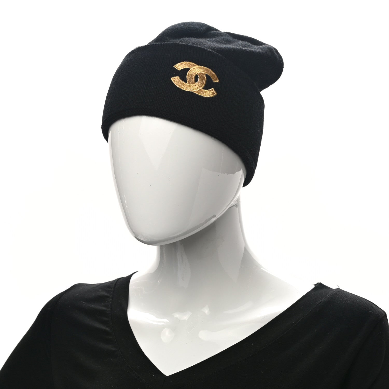 Chanel Cashmere CC Beanie Hat Black Gold 2 of 6