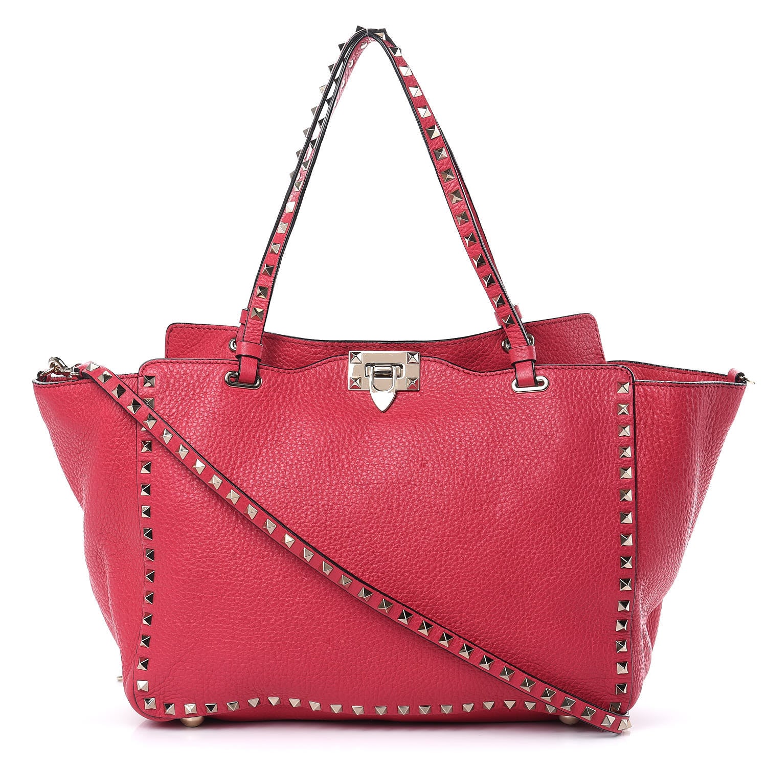 Valentino Garavani Pebbled Calfskin Medium Rockstud Tote Deep Fuxia 1 of 10
