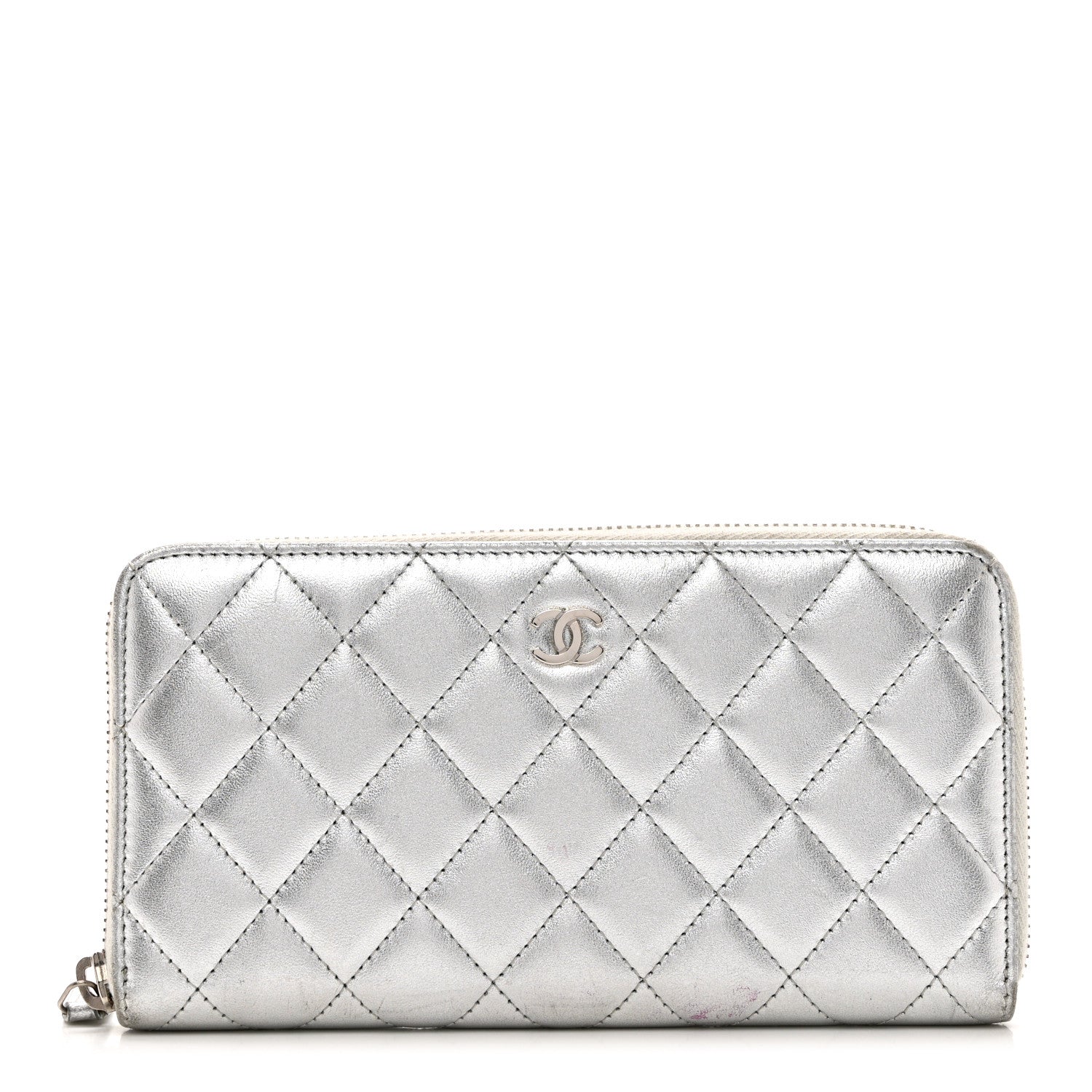 Chanel Metallic Lambskin Quilted Large Gusset Zip Around Wallet Silver 1 of 10