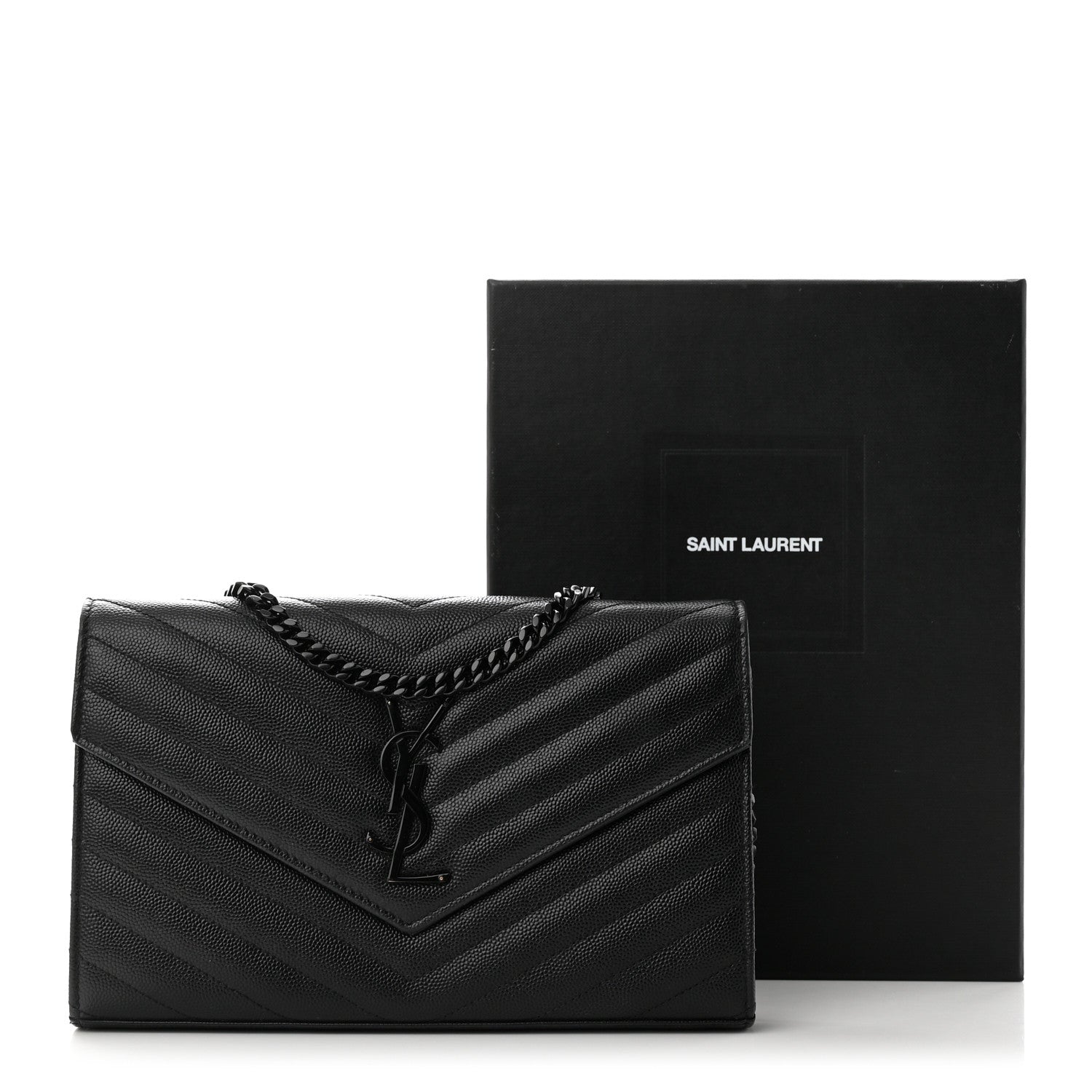 Saint Laurent Grain De Poudre Matelasse Chevron Monogram Monochrome Chain Wallet Black 10 of 10