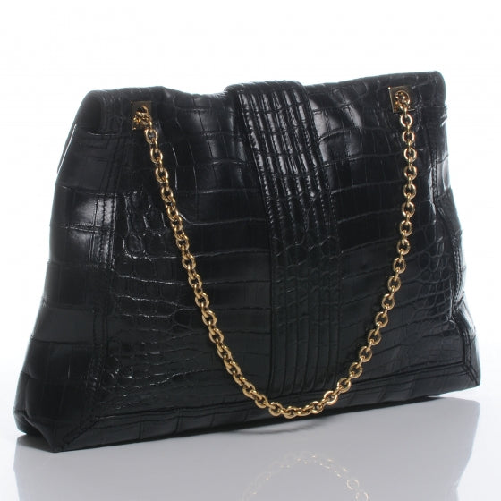 Calfskin Crocodile Embossed Maxi Baguette Black