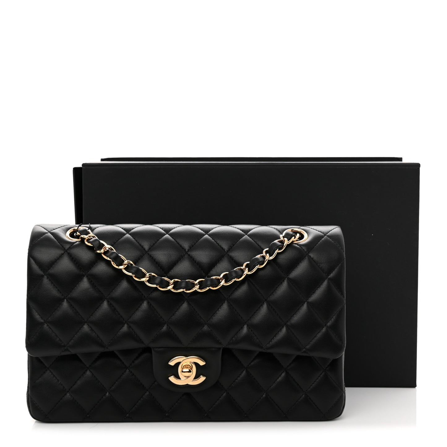 Lambskin Quilted Medium Double Flap Black Black