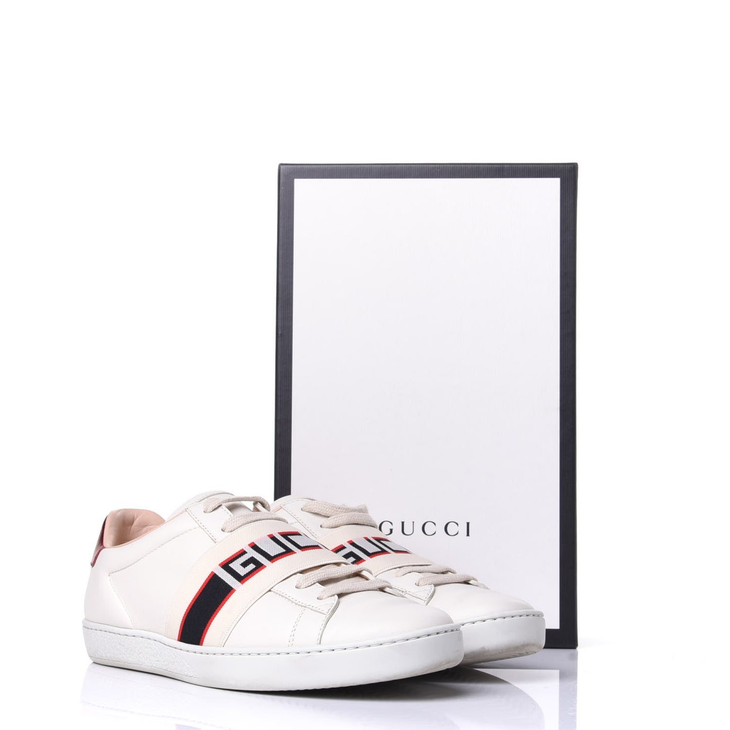 Calfskin Stripe Womens New Ace Sneakers 37.5 New Mystic White Ecru Red Flame