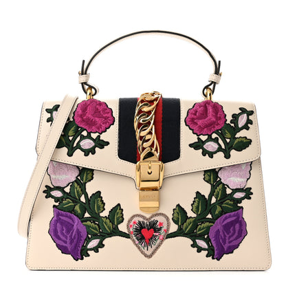 Gucci Calfskin Embroidered Medium Sylvie Top Handle Bag White 1 of 11