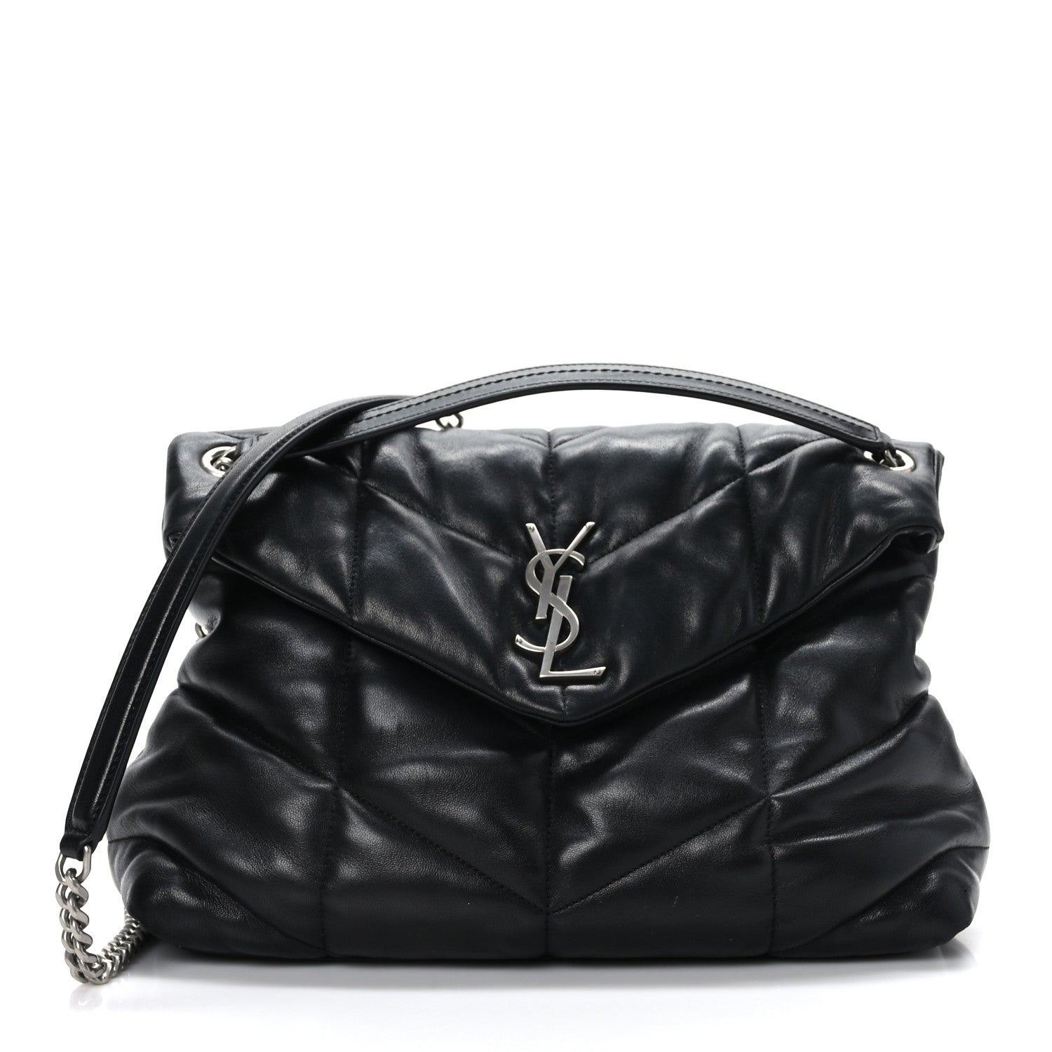 Saint Laurent Lambskin Quilted Medium Loulou Puffer Monogram Chain Satchel Black 1 of 9