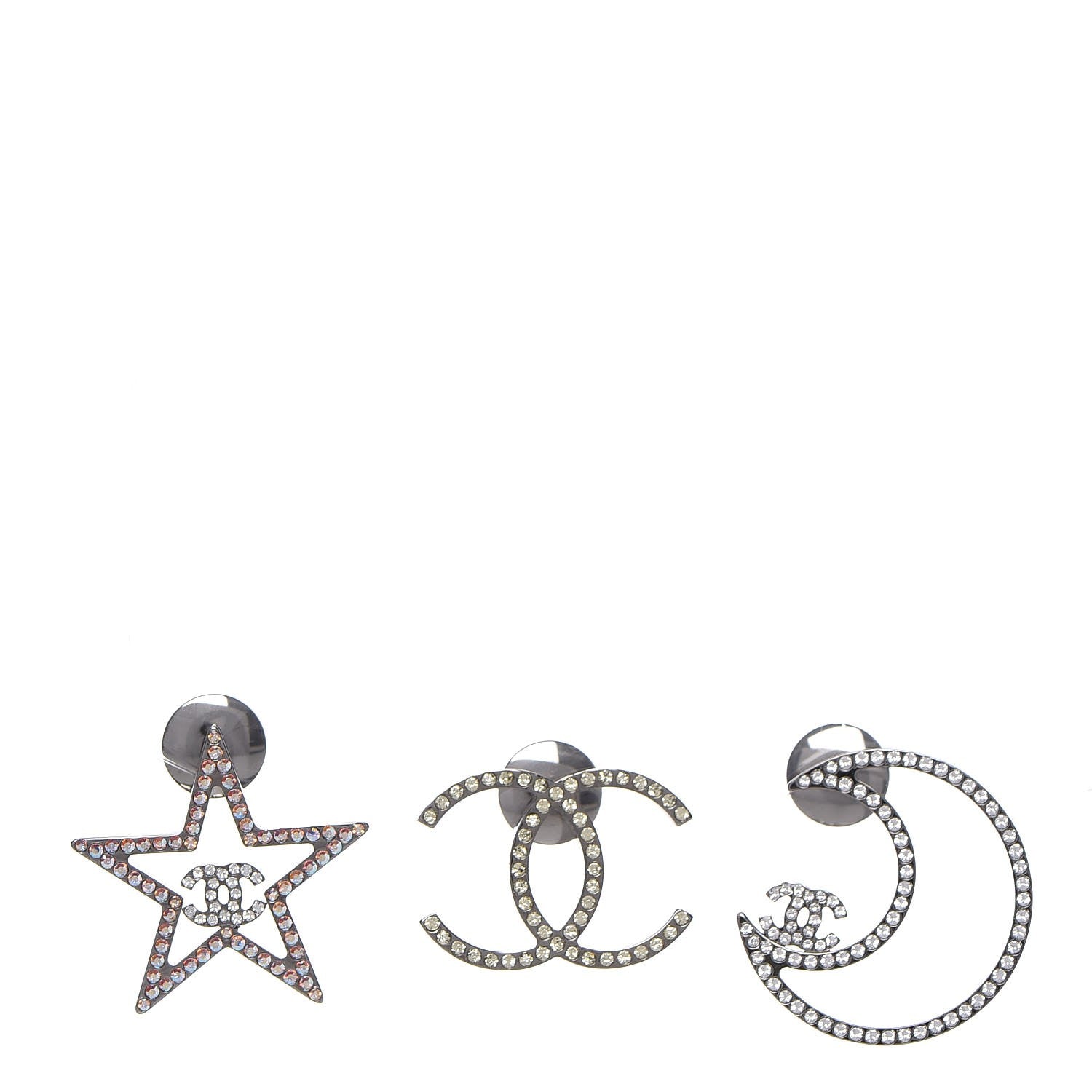 Chanel Crystal CC Moon Star Pin Brooch Set Silver 1 of 5