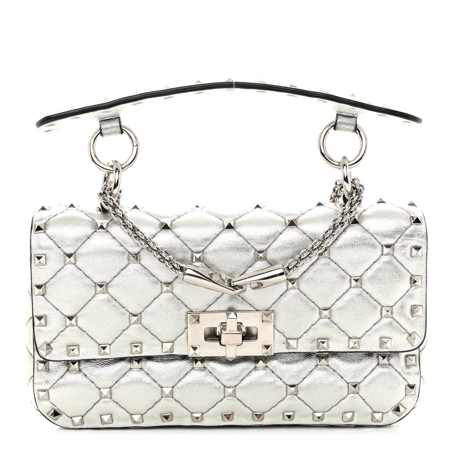 Metallic Nappa Small Rockstud Spike Shoulder Bag Silver