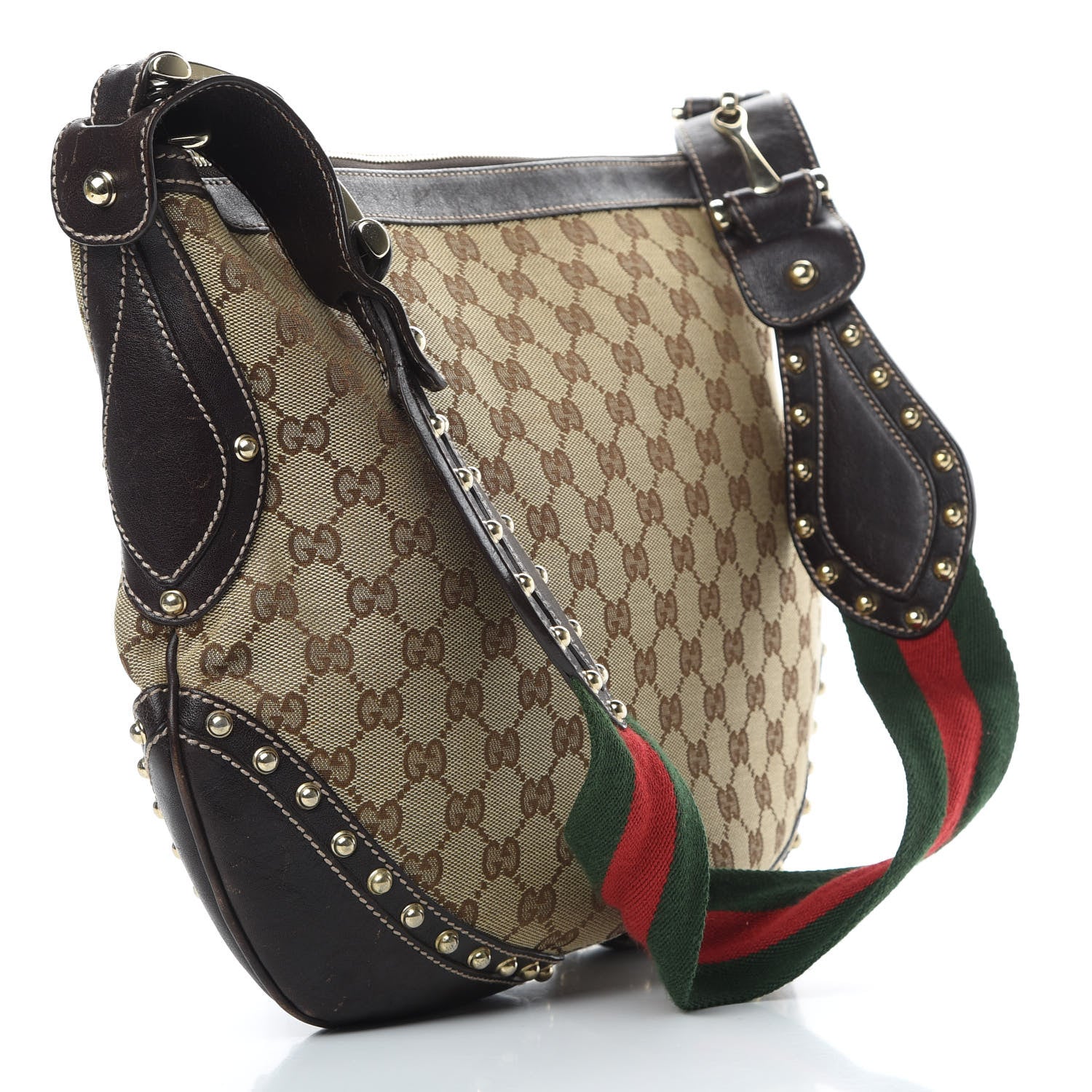Gucci Monogram Web Studded Pelham Shoulder Bag Dark Brown 3 of 13