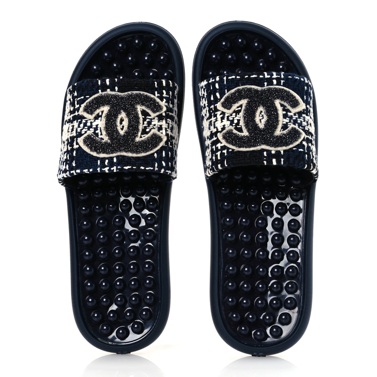 Tweed Rubber CC Flat Mules 40 Navy