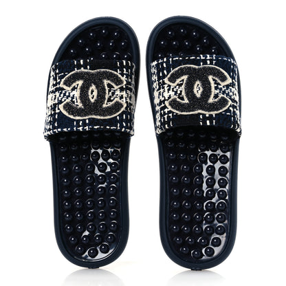Chanel Tweed Rubber CC Flat Mules 40 Navy 2 of 10