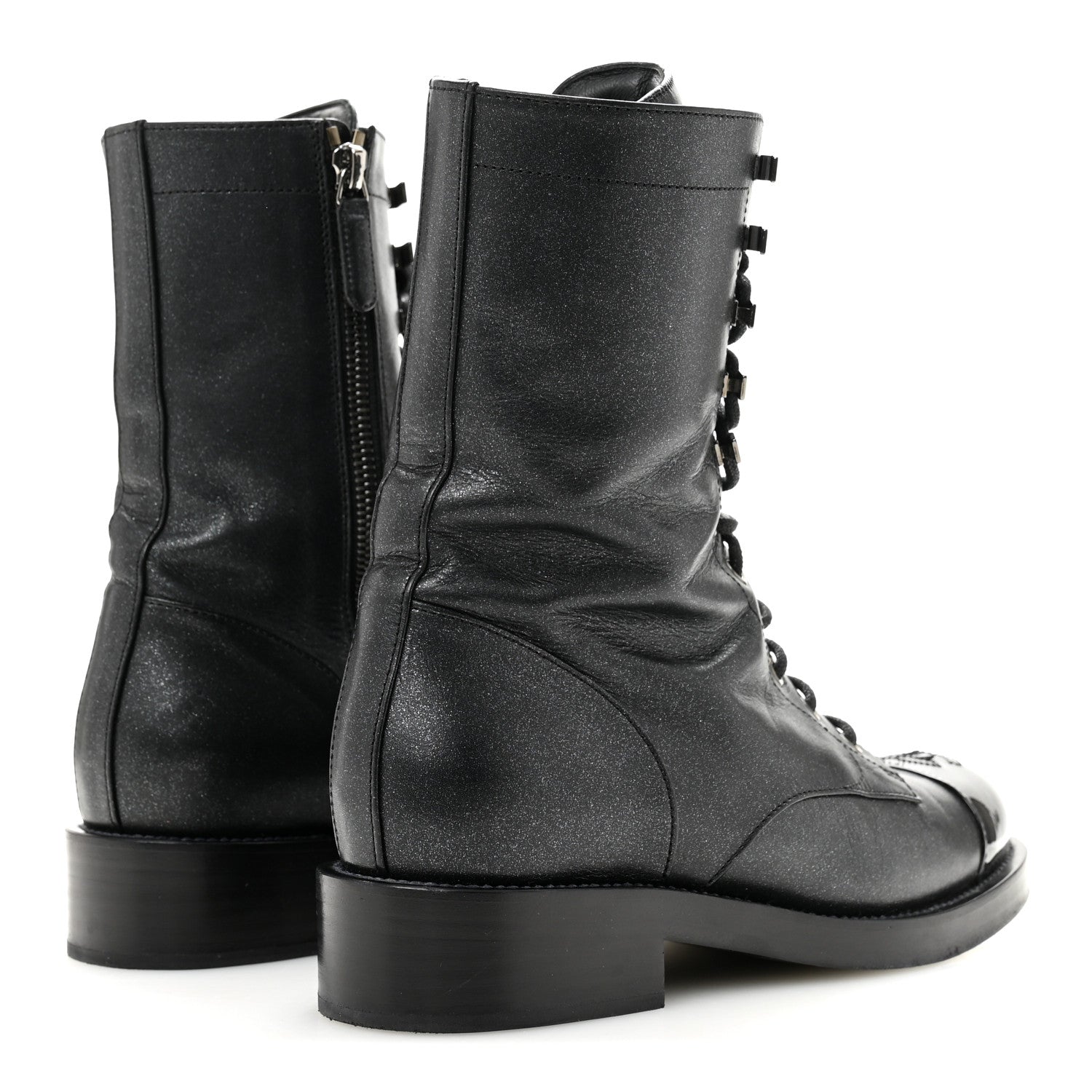Chanel Iridescent Calfskin Patent Cap Toe Lace Up Combat Boots 38 Black 5 of 11