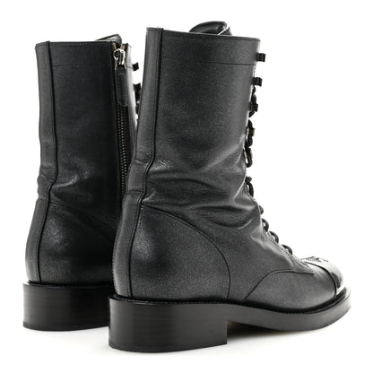 Chanel Iridescent Calfskin Patent Cap Toe Lace Up Combat Boots 38 Black 5 of 11