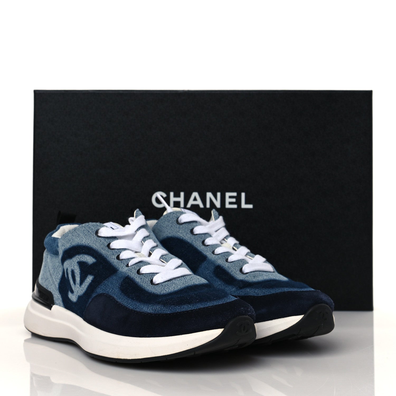 Chanel Denim Suede Calfskin Womens CC Sneakers 36 Dark Blue White Black 11 of 11