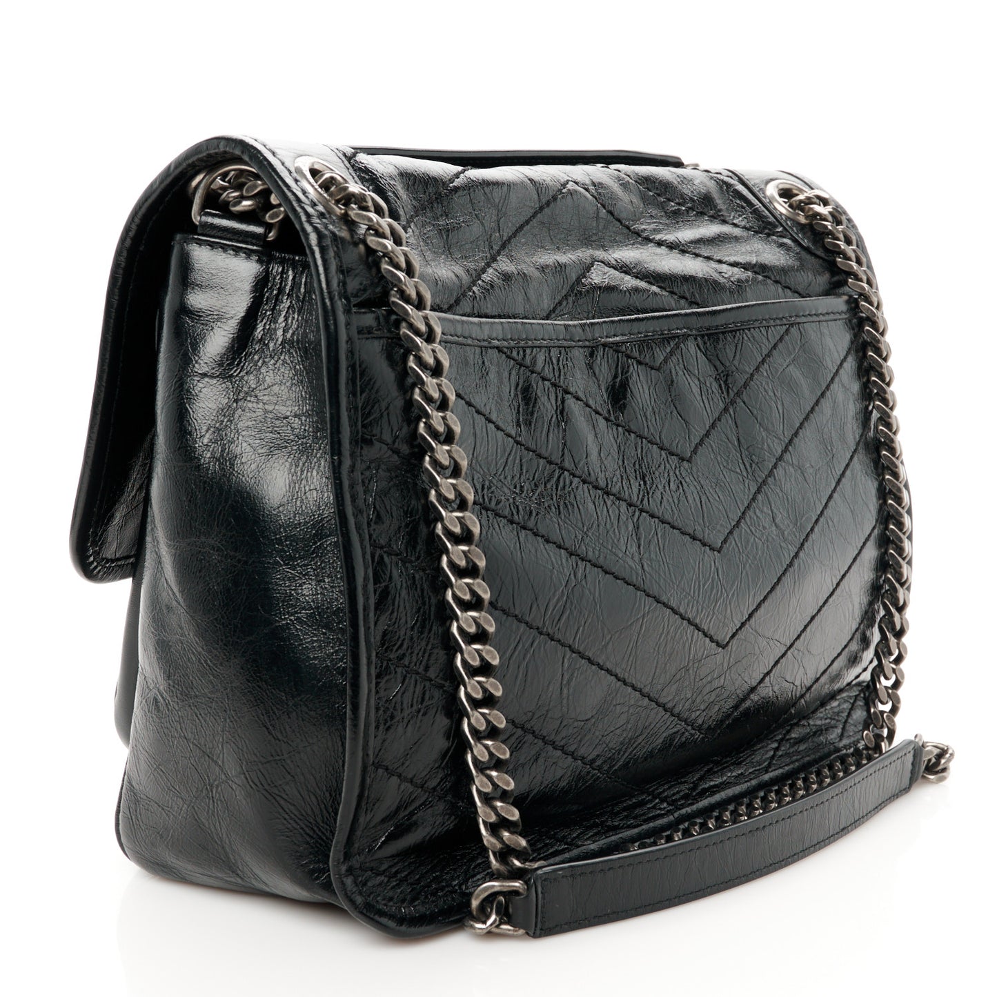 Crinkled Calfskin Matelasse Monogram Medium Niki Chain Satchel Black