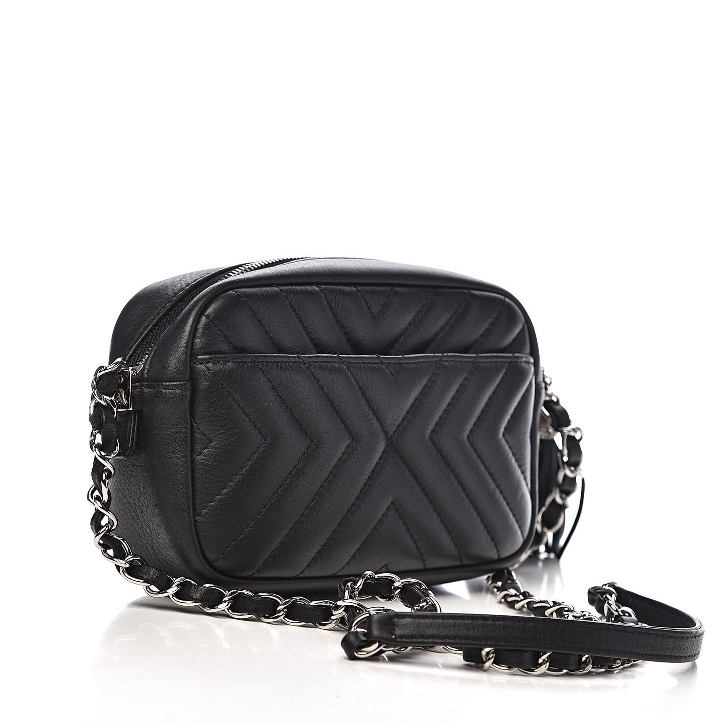Lambskin Diagonal Chevron Quilted Tassel Camera Case Black