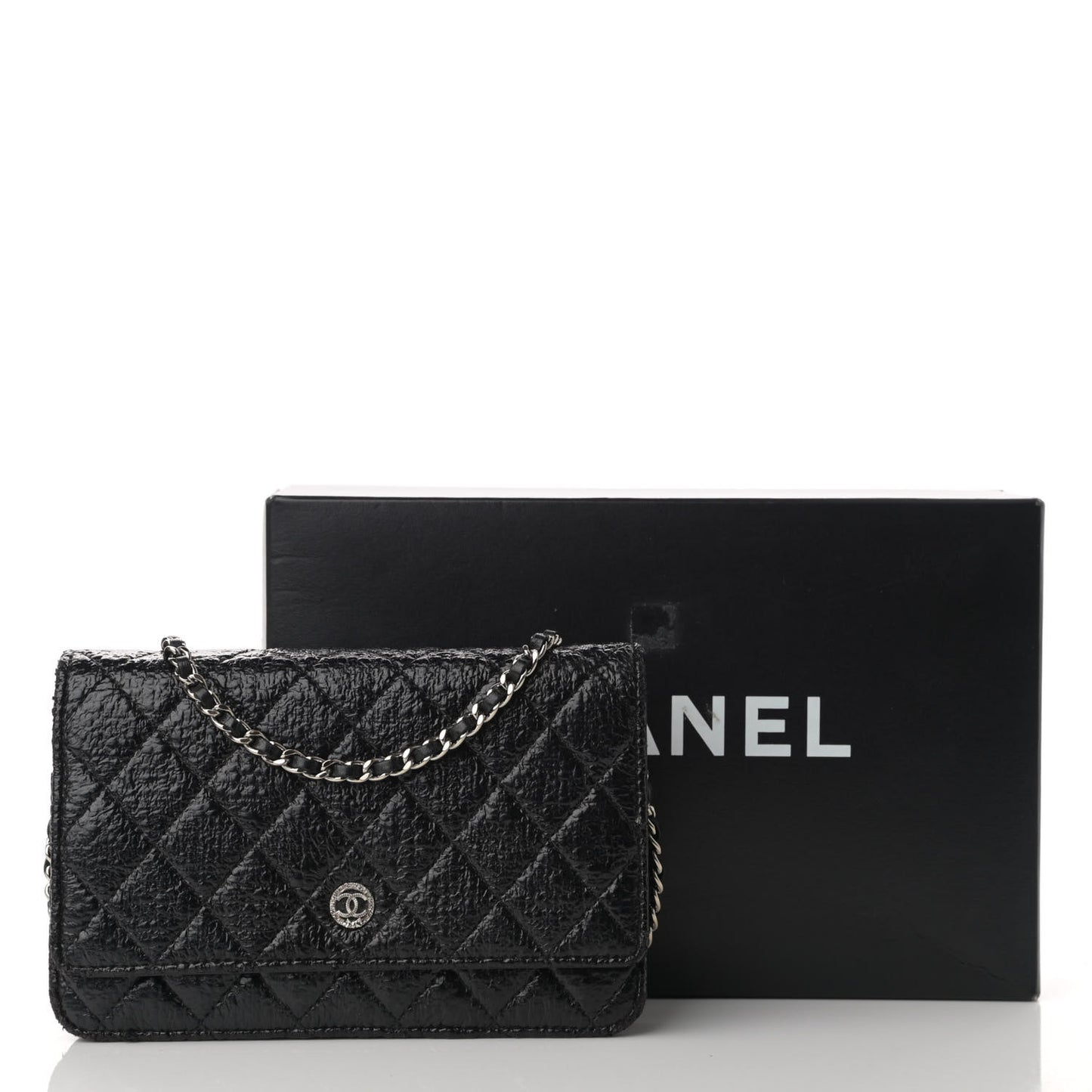 Distressed Patent Calfskin Quilted Wallet on Chain WOC Black