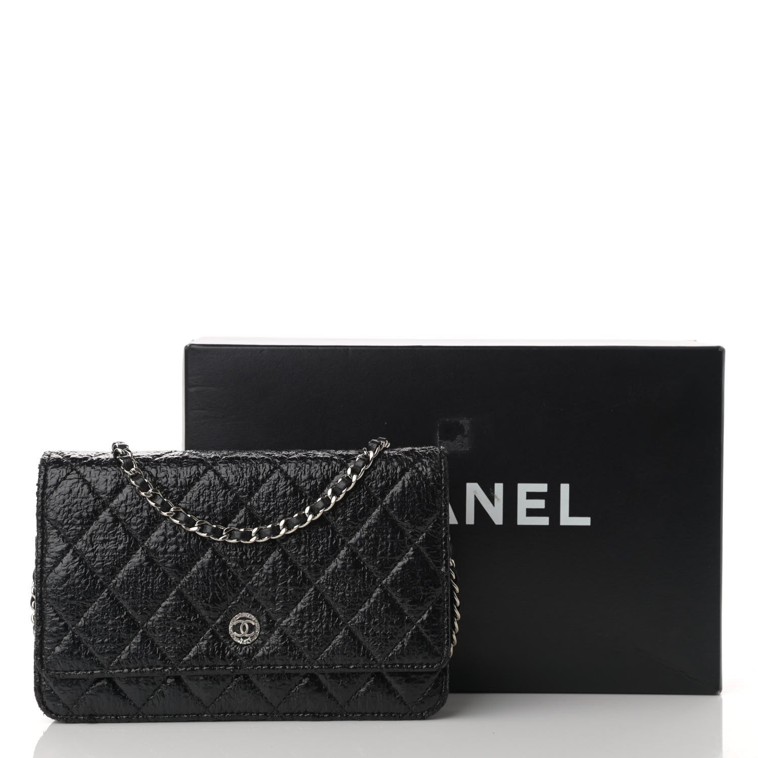 Chanel Distressed Patent Calfskin Quilted Wallet on Chain WOC Black 11 of 11