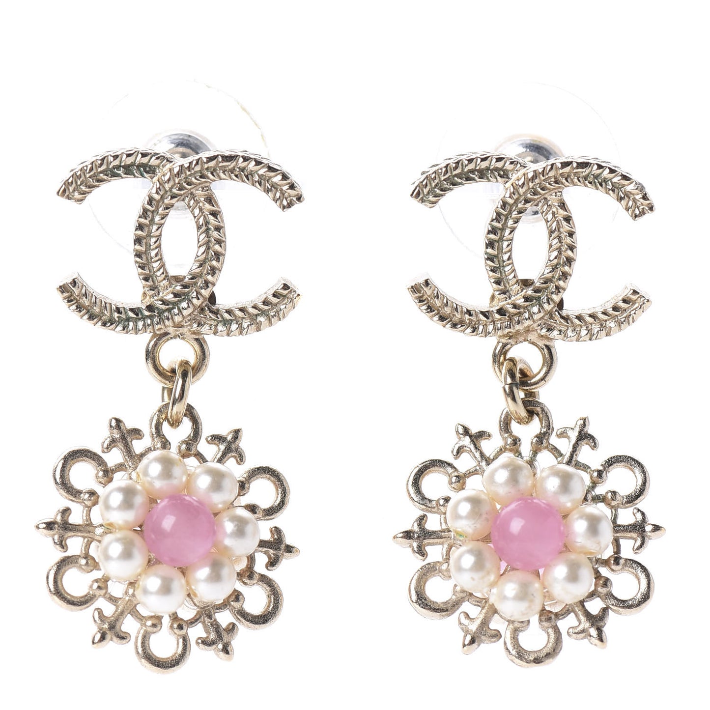 Pearl Resin CC Flower Drop Earrings Pink Gold