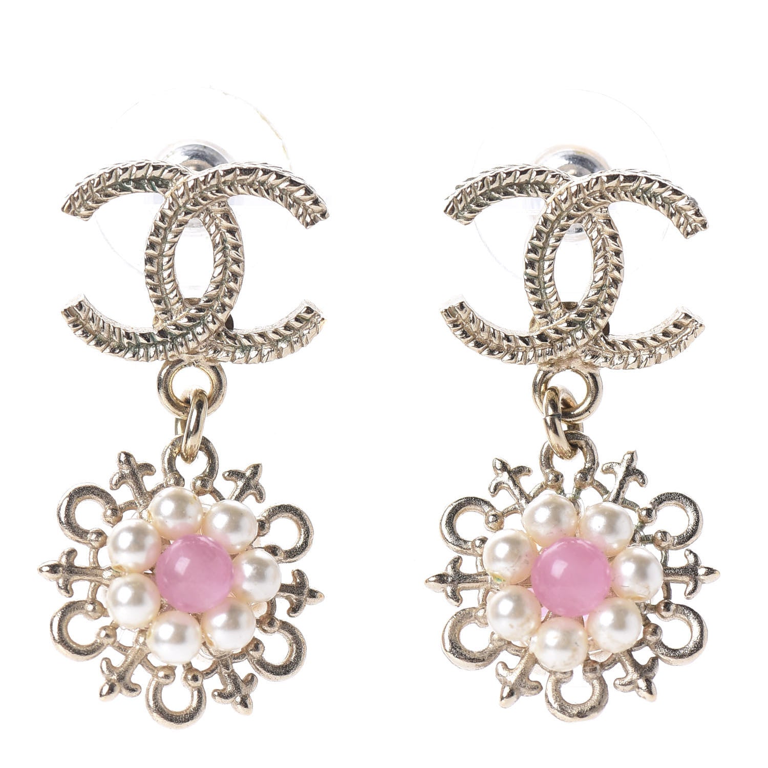 Chanel Pearl Resin CC Flower Drop Earrings Pink Gold 1 of 5