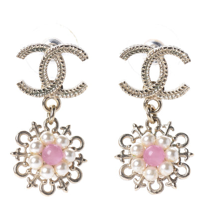Chanel Pearl Resin CC Flower Drop Earrings Pink Gold 1 of 5