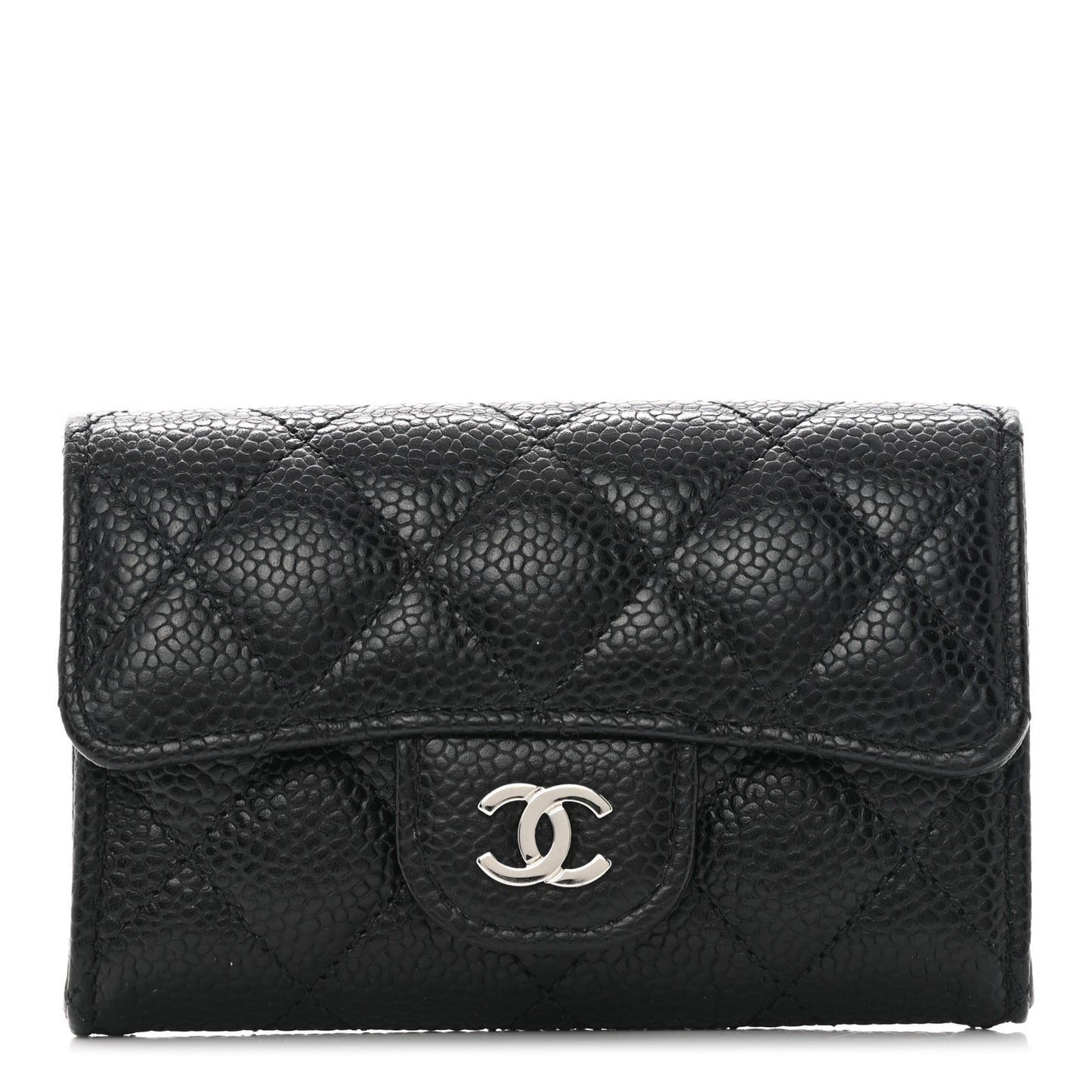 Caviar Quilted Flap Card Holder Wallet Black