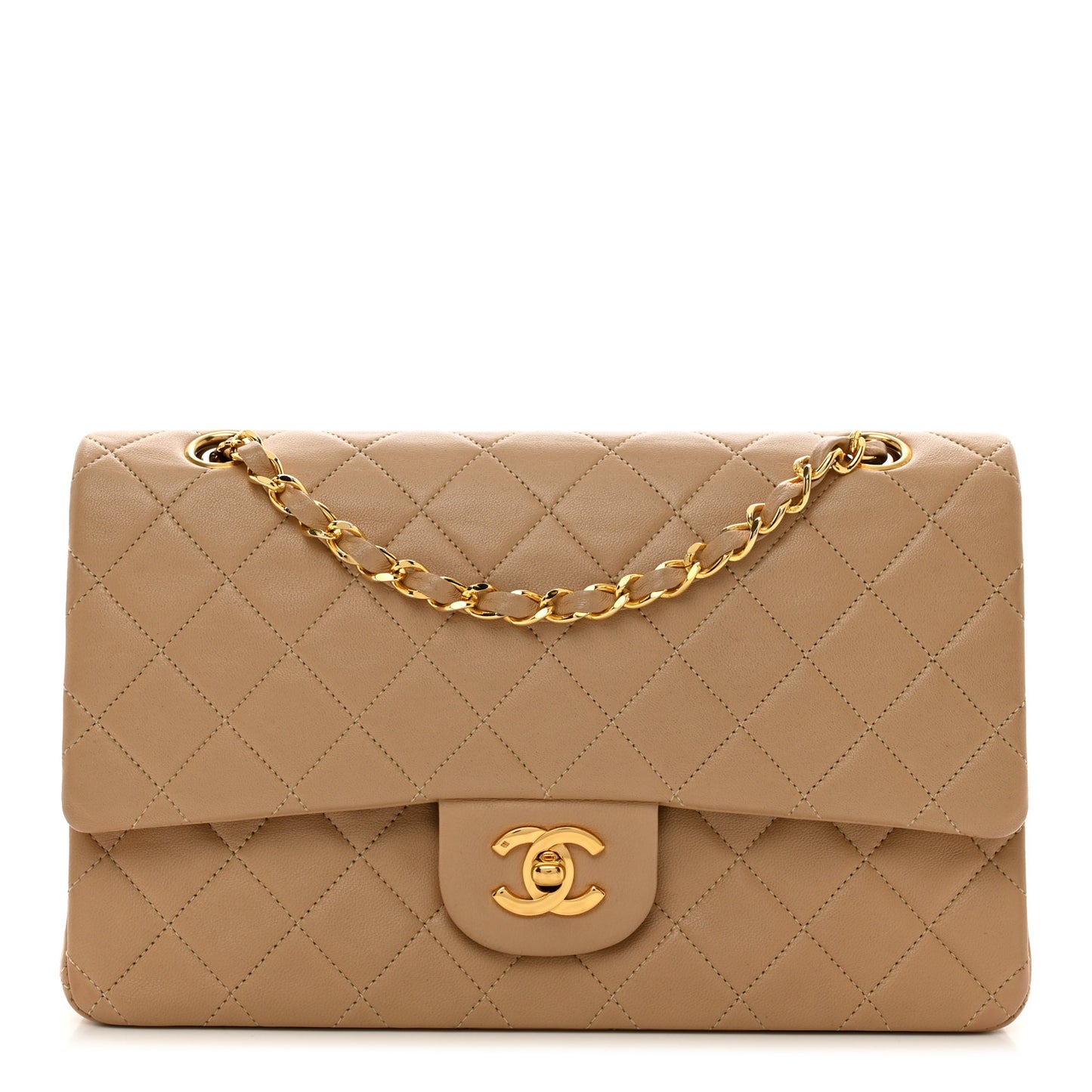 Lambskin Quilted Medium Double Flap Beige