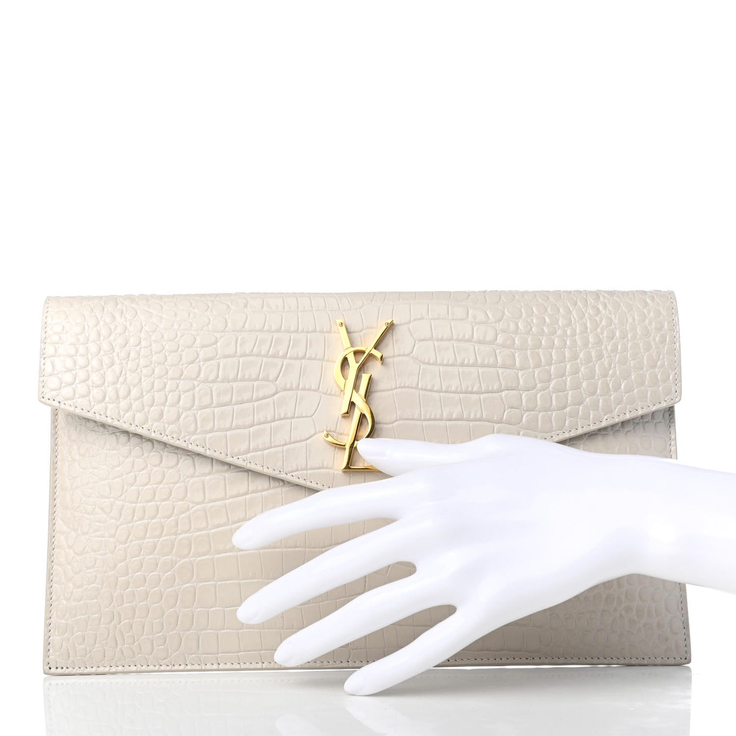 Calfskin Crocodile Embossed Uptown Monogram Clutch Porcellana