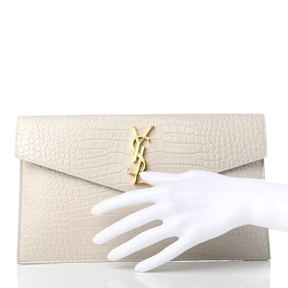 Saint Laurent Calfskin Crocodile Embossed Uptown Monogram Clutch Porcellana 2 of 5