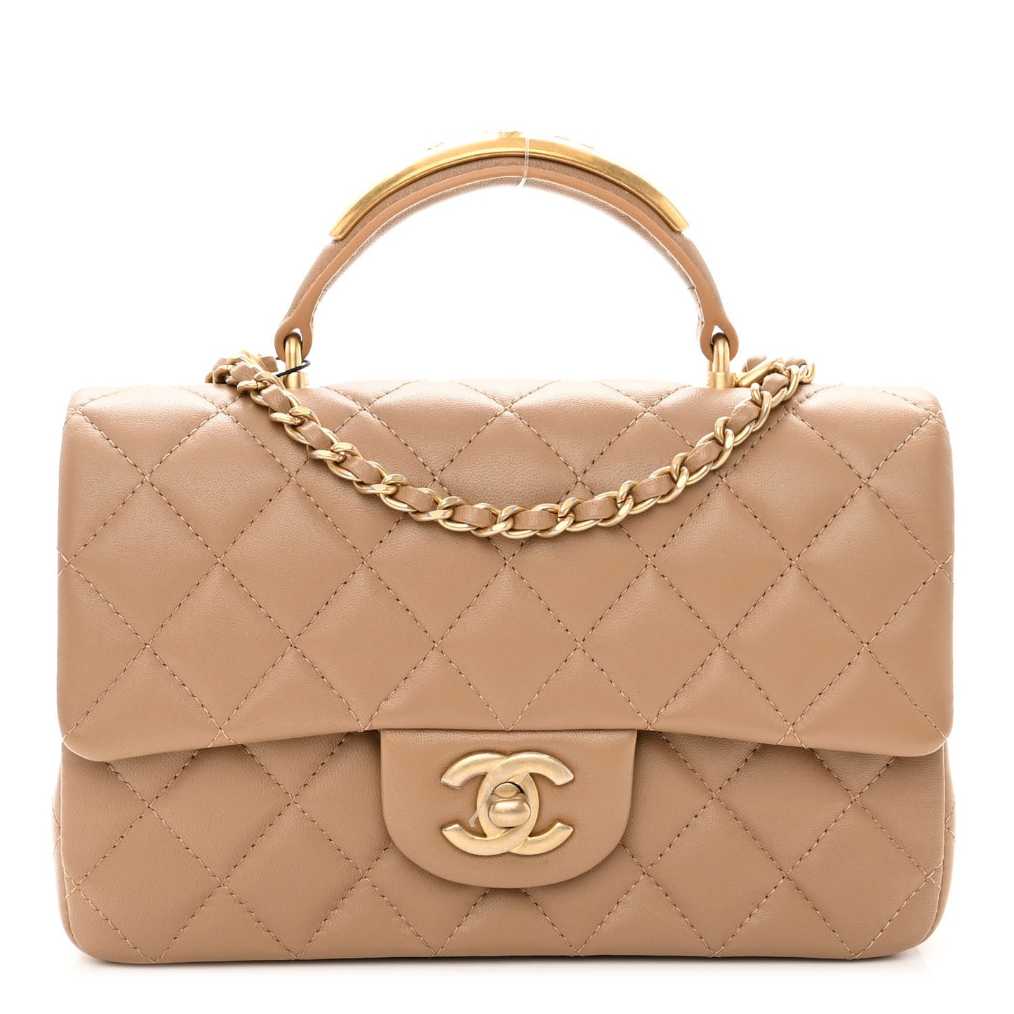 Lambskin Quilted Mini Top Handle Rectangular Flap Beige