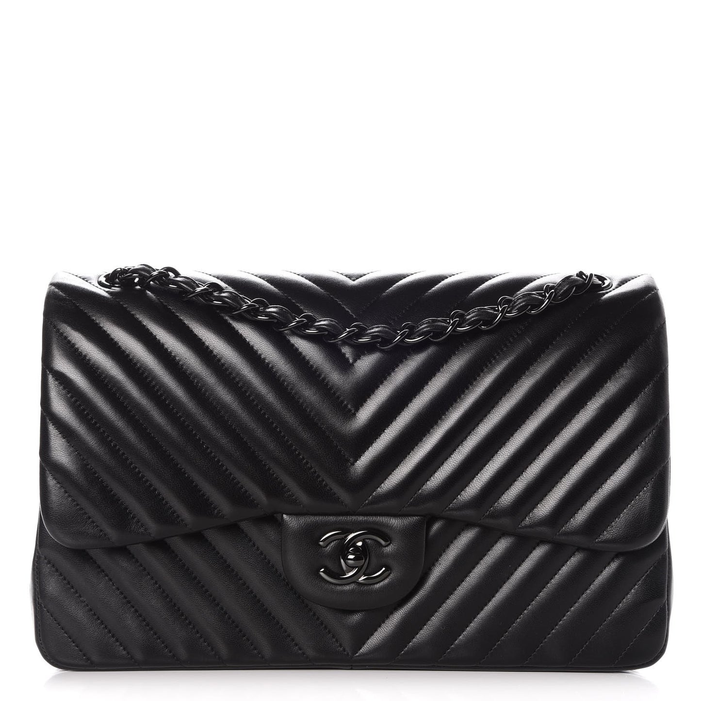 Lambskin Chevron Quilted Jumbo Double Flap So Black
