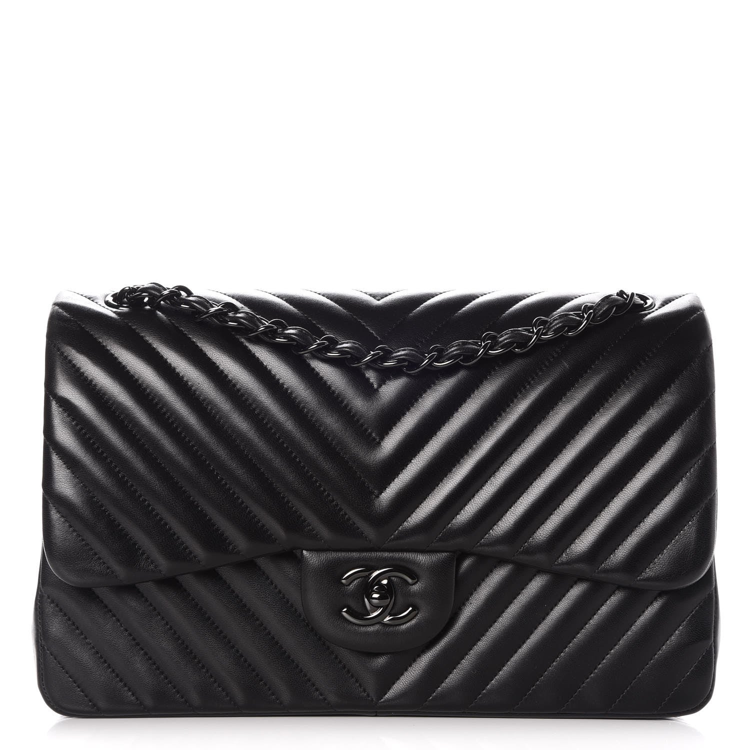 Chanel Lambskin Chevron Quilted Jumbo Double Flap So Black 1 of 8