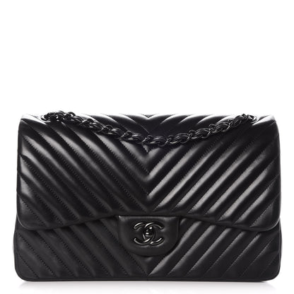 Chanel Lambskin Chevron Quilted Jumbo Double Flap So Black 1 of 8