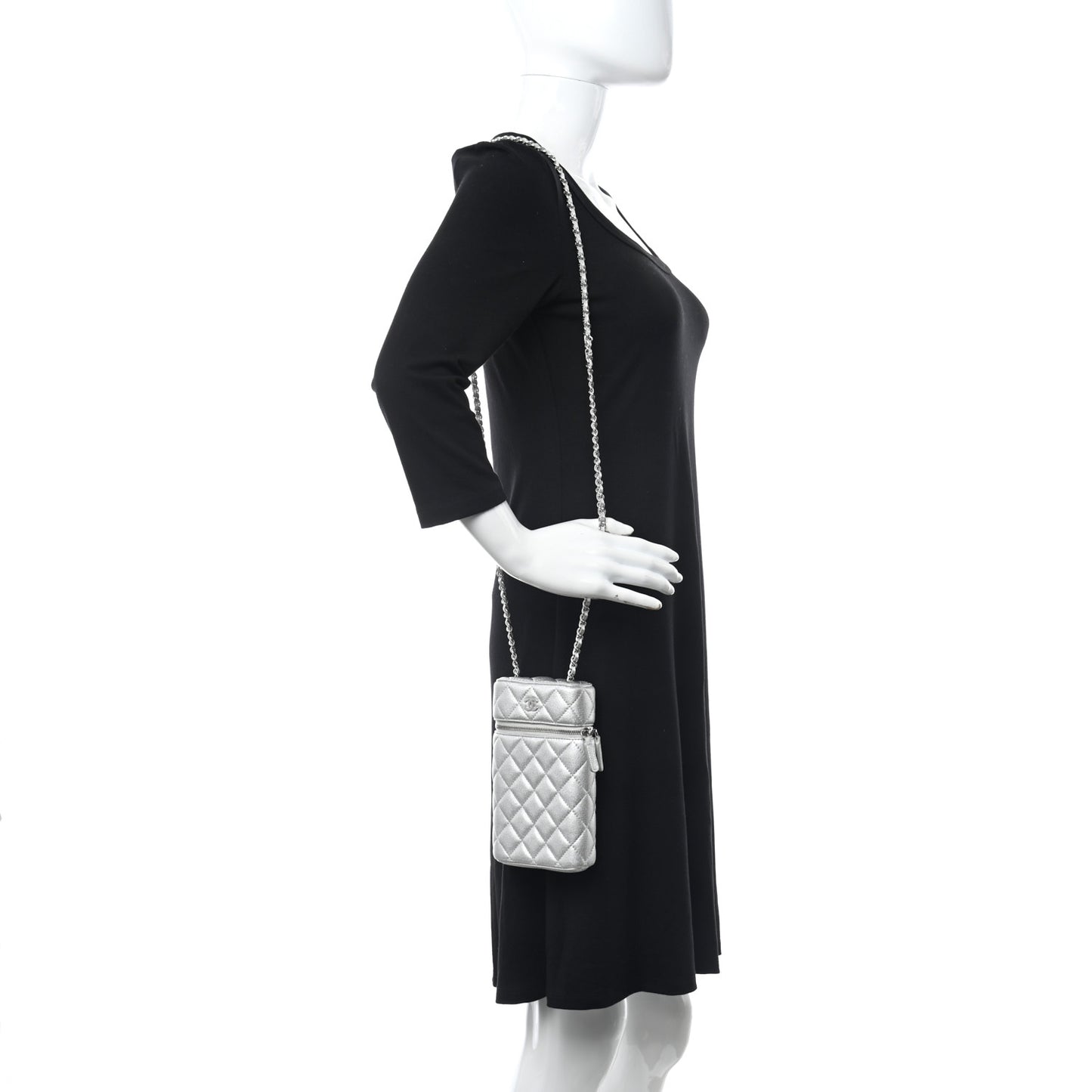 Metallic Lambskin Quilted Phone Holder With Chain Silver