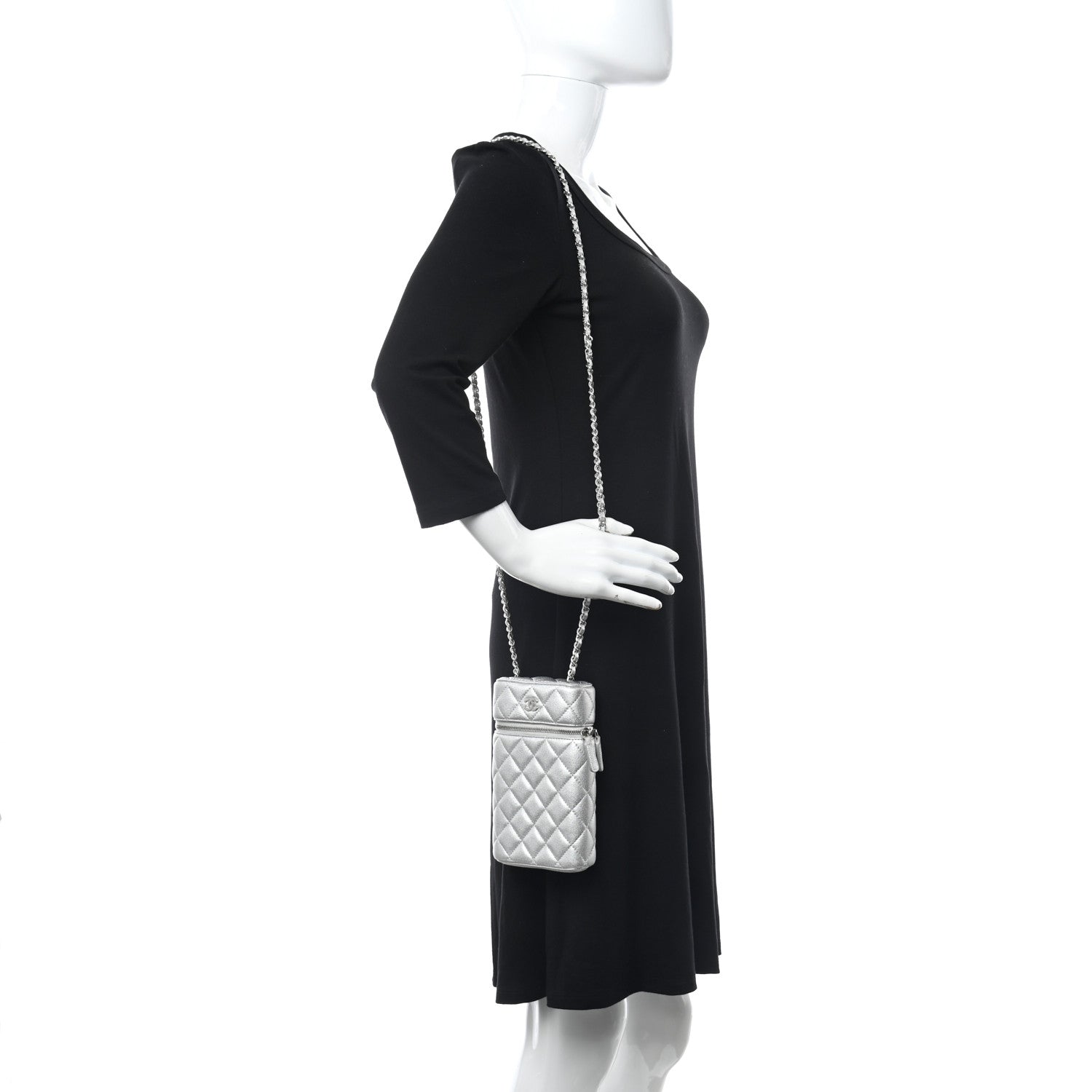 Chanel Metallic Lambskin Quilted Phone Holder With Chain Silver 2 of 10
