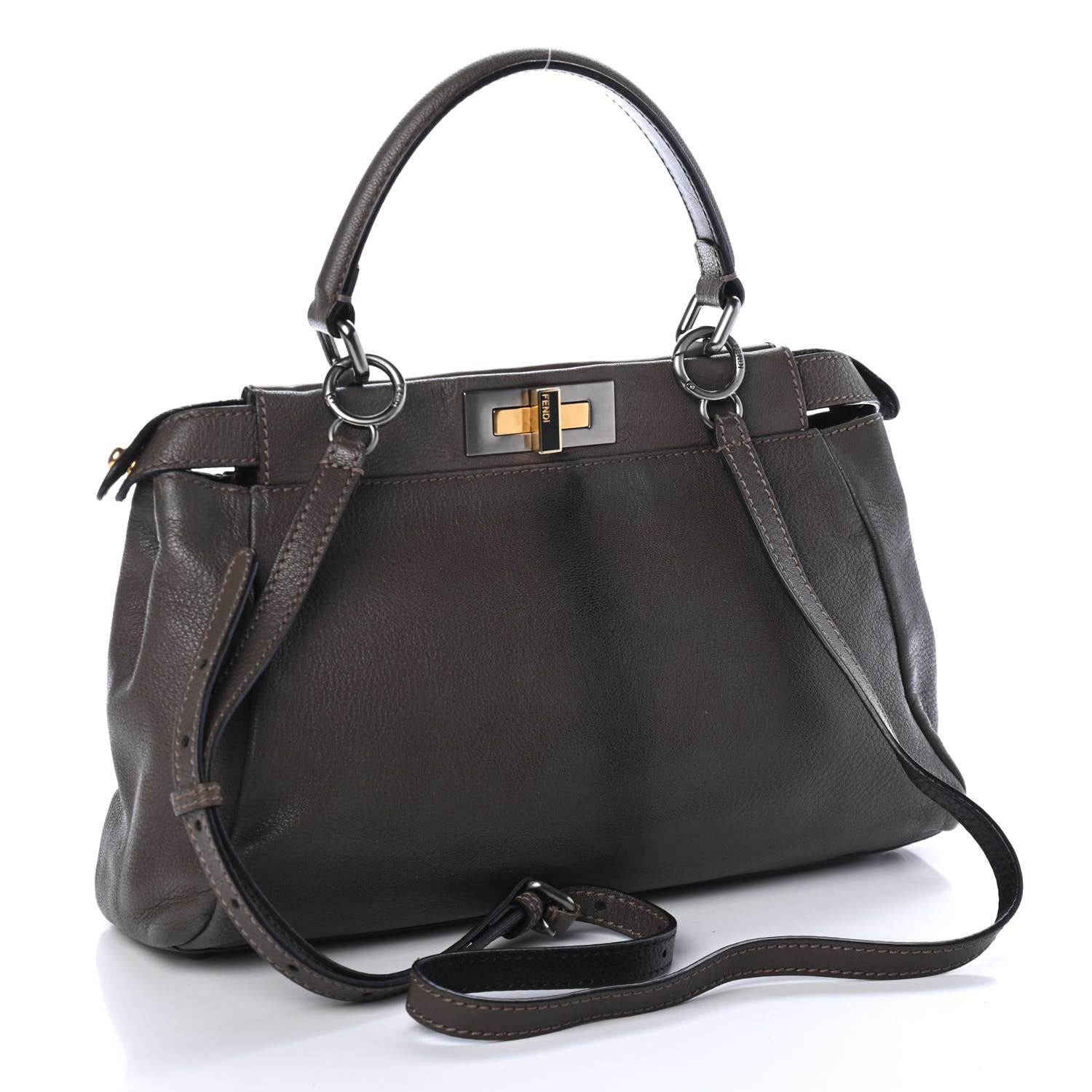 Fendi Goatskin Zucca Medium Peekaboo Iconic Satchel Grigio Tobacco Moro 3 of 5
