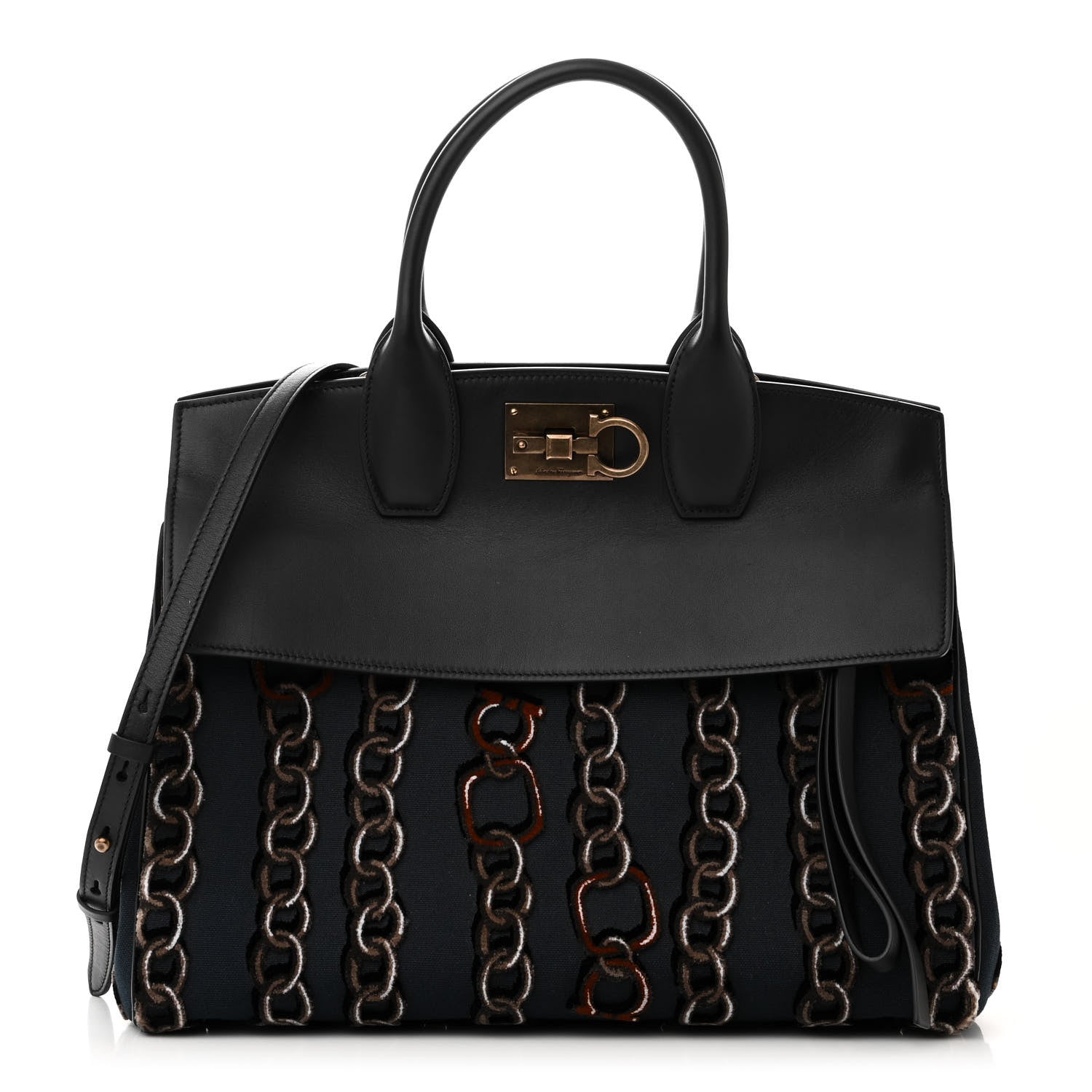 Salvatore Ferragamo Embroidered Canvas Calfskin The Studio Bag Navy Black 1 of 9