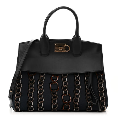 Salvatore Ferragamo Embroidered Canvas Calfskin The Studio Bag Navy Black 1 of 9