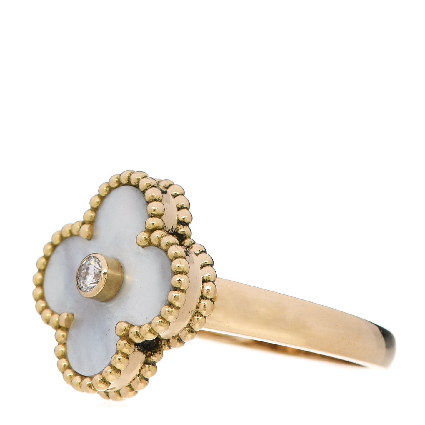 18K Yellow Gold Diamond Mother of Pearl Vintage Alhambra Ring 52 6