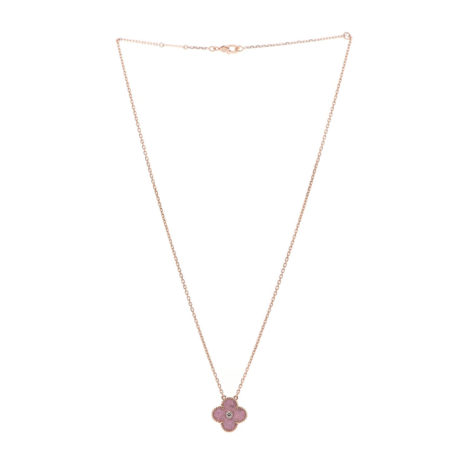 Van Cleef & Arpels 18K Rose Gold Diamond Rhodonite Vintage Alhambra Pendant Necklace 3 of 6