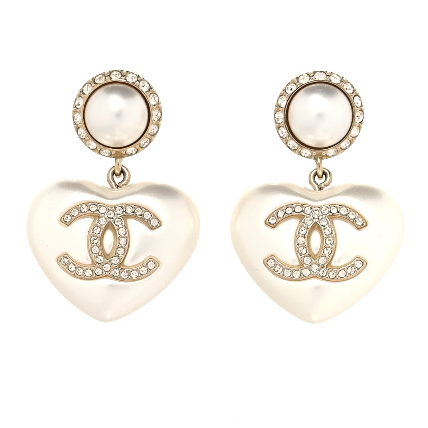 Chanel Pearl Crystal CC Heart Drop Earrings Gold 1 of 4