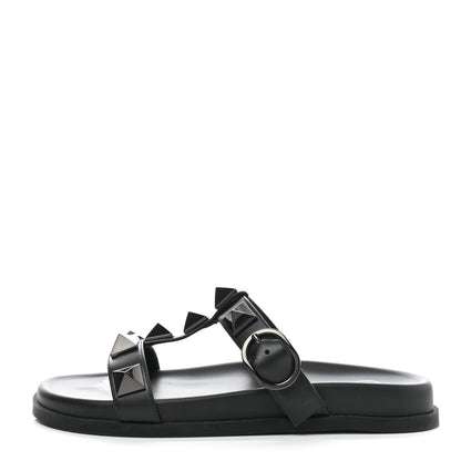 Valentino Garavani Calfskin Roman Stud Slide Sandals 36.5 Black 1 of 8