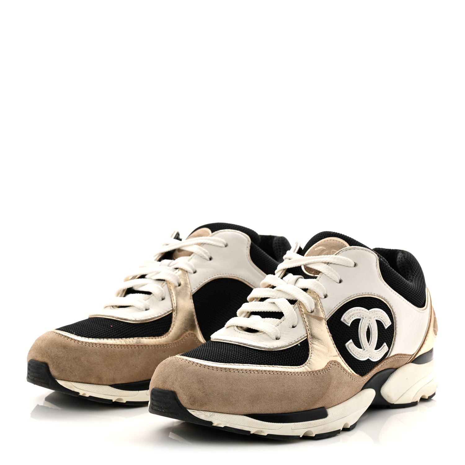 Chanel Mesh Suede Calfskin Grained Calfskin Womens CC Sneakers 41 White Black Beige Gold 4 of 11