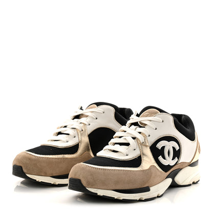 Chanel Mesh Suede Calfskin Grained Calfskin Womens CC Sneakers 41 White Black Beige Gold 4 of 11