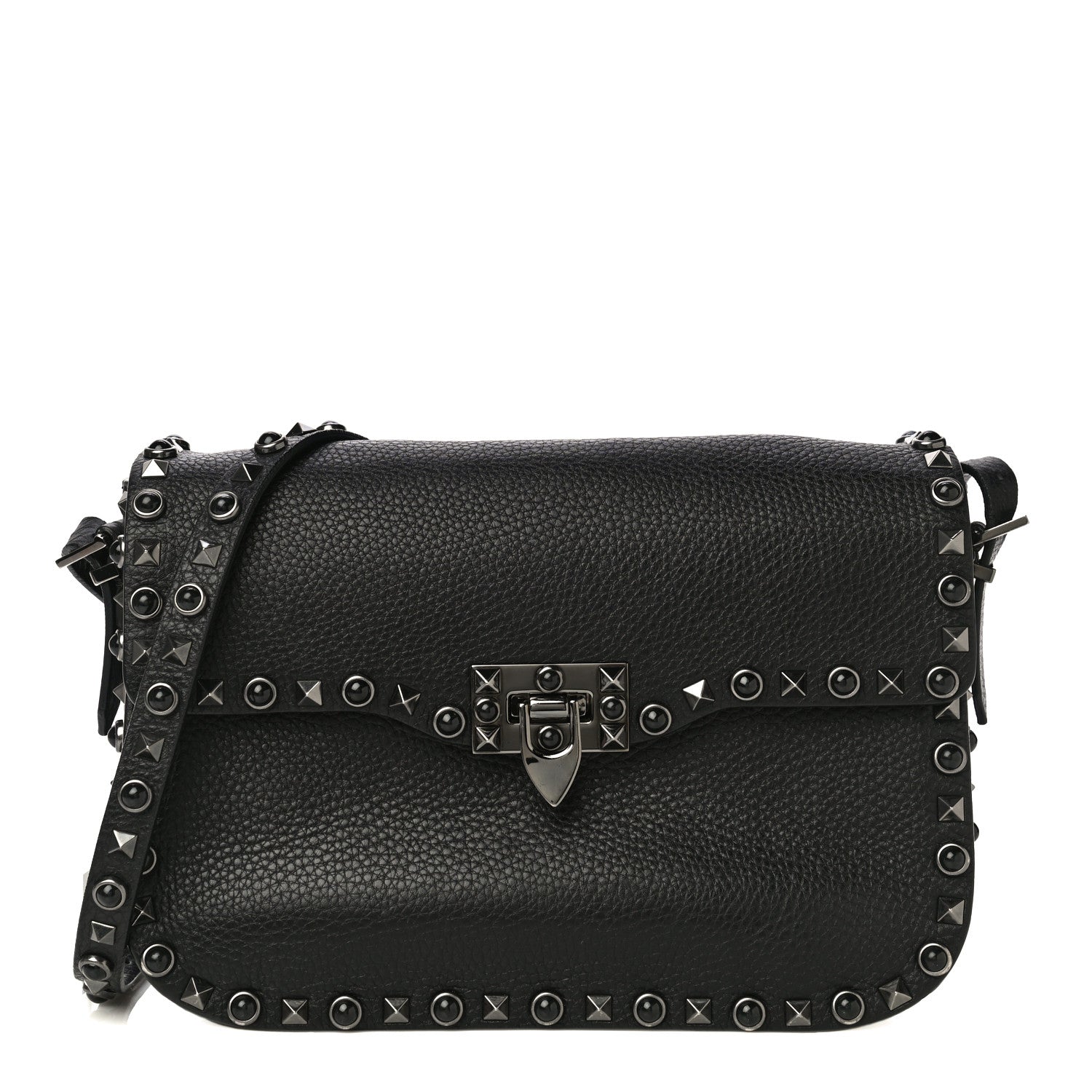 Valentino Garavani Pebbled Calfskin Onyx Medium Rockstud Rolling Flap Saddle Bag Black 1 of 21