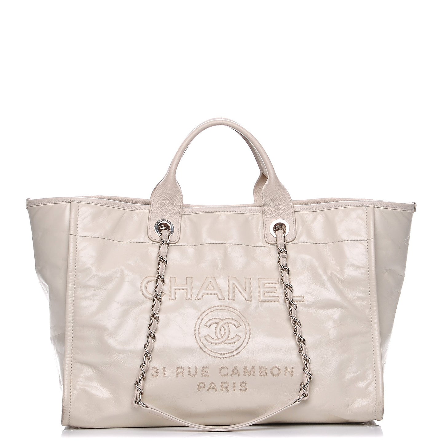 Glazed Calfskin Large Deauville Tote Ivory
