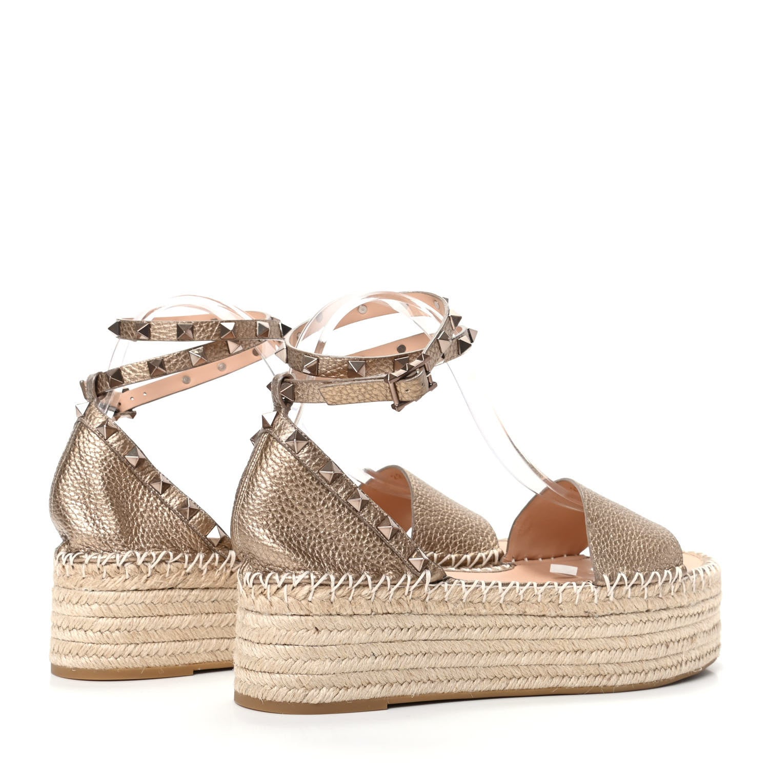 Valentino Garavani Metallic Grained Calfskin Rockstud Ankle Wrap Espadrille Flatform Sandals 41 Skin Natural 4 of 9
