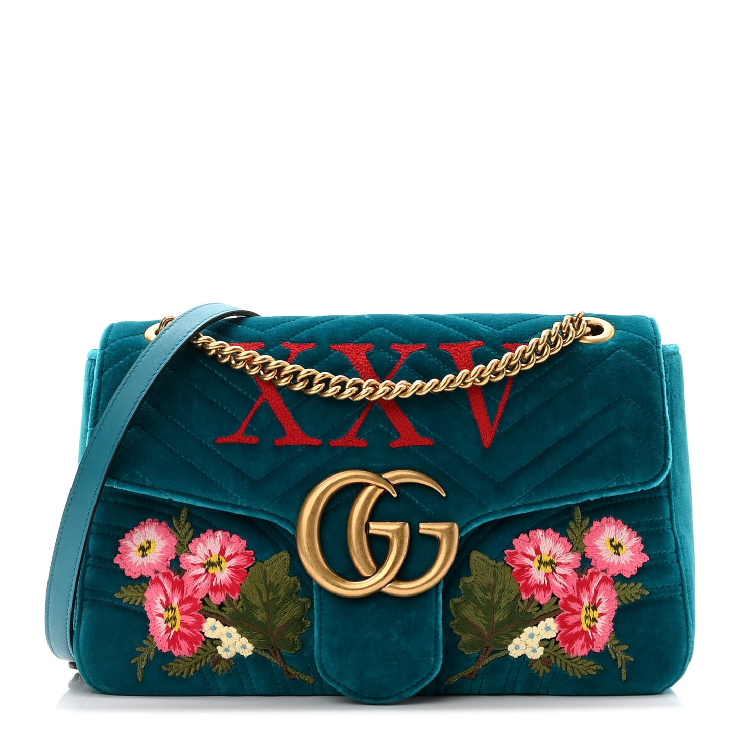 Velvet Matelasse XXV Embroidered Medium GG Marmont Shoulder Bag Pavone Cyan