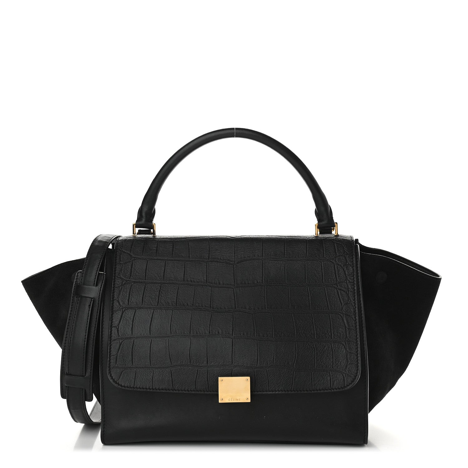 Celine Crocodile Embossed Calfskin Suede Medium Trapeze Black 1 of 9